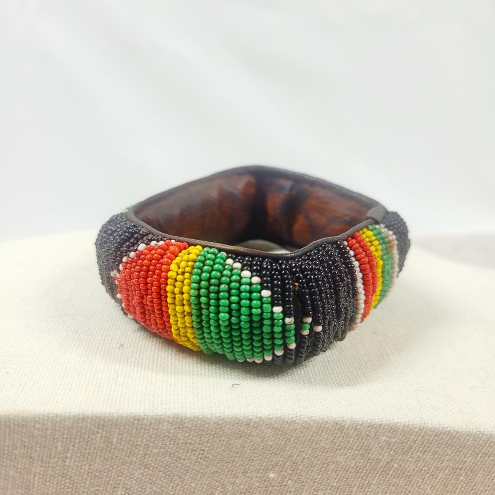 Vintage African Style Seed Bead Cuff Bracelet Multi-Strand 60s Geometric Bangle
